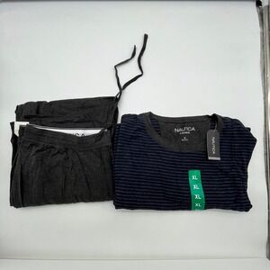 Nautica Mens XL Sleepwear Pajama Set Navy Blue Grey Striped Long Sleeve 2 Piece